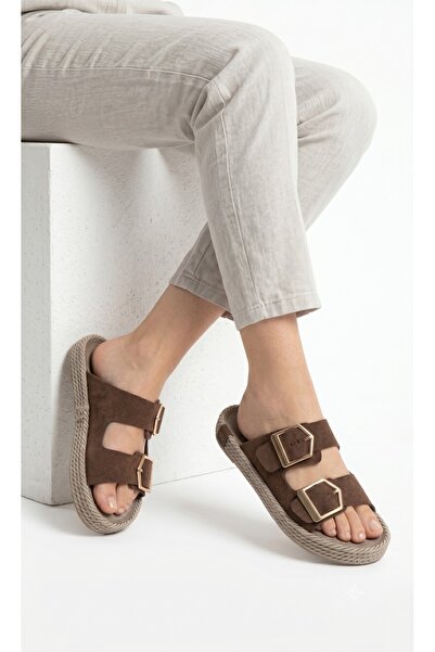 KARABAGSHOES Brown Suede Double Buckle Straw Sole Women's Slippers