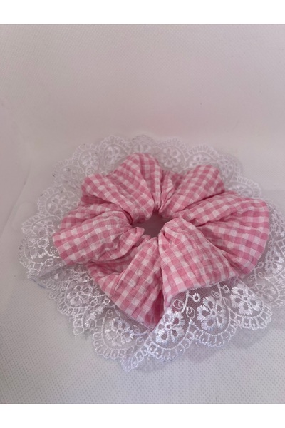 OIA Atelier White Lace Ruffle Detailed Pink Gingham White Scrunchie Elastic H...
