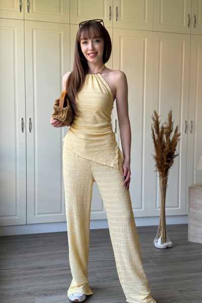 Dilay Gökoğlu Butik Halter Neck Asymmetrical Trouser Suit with Gold Accessories