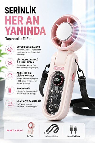 Yussraw Premium Turbo Buz Soğutmalı El Fanı 199 Kademe Ayarlı Askı İpli 3000- mAh Taşınabilir Soğutucu Fan