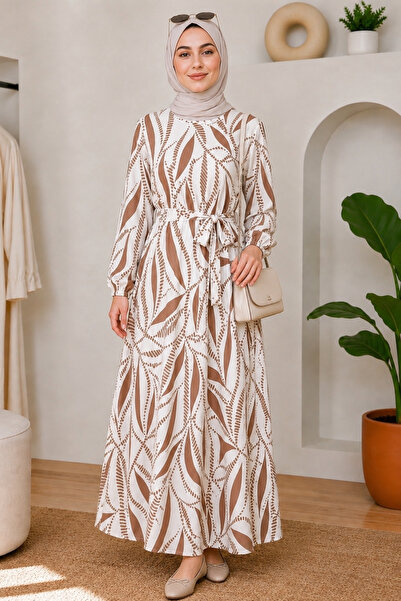 EruZan Women's Modern Patterned Lined Crepe Chiffon Hijab Dress
