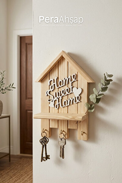 PeraWooden Pera Wooden Key No.03 Kalp Detaylı Ev Model Ahşap Anahtarlık