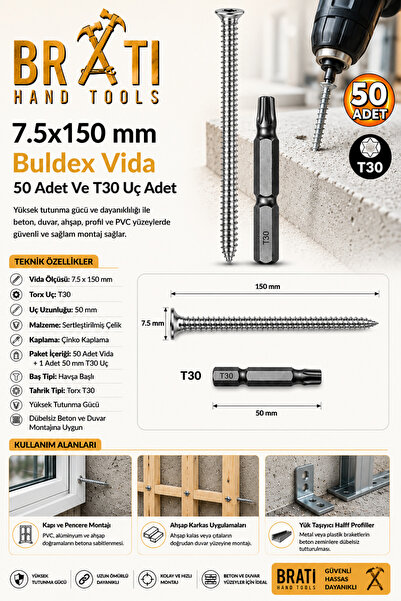 BRATİ HAND TOOLS Buldex Vida 7.5x150 mm 50'Li Paket Sivri Uçlu Dübelsiz Beton...