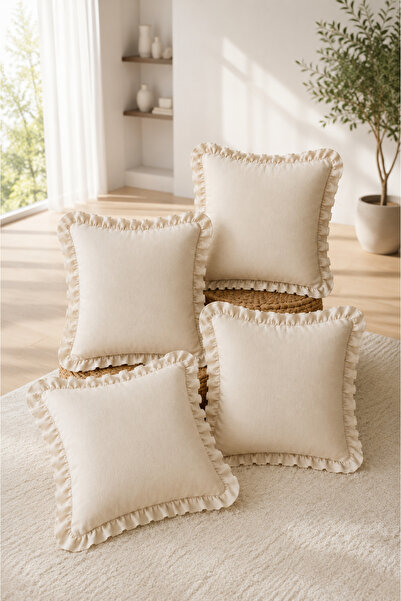 KaiHome Set of 4 100% Cotton Cream Cushion Covers – Decorative Ruffle Model, ...
