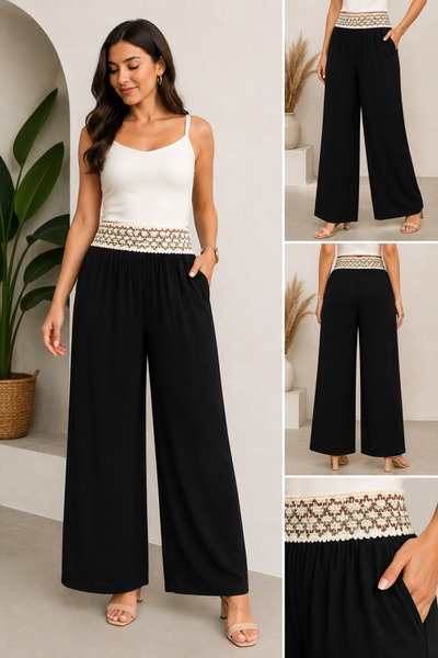 Parkur Women's Ethnic Knitted Waist Detailed Wide Leg Pants Black