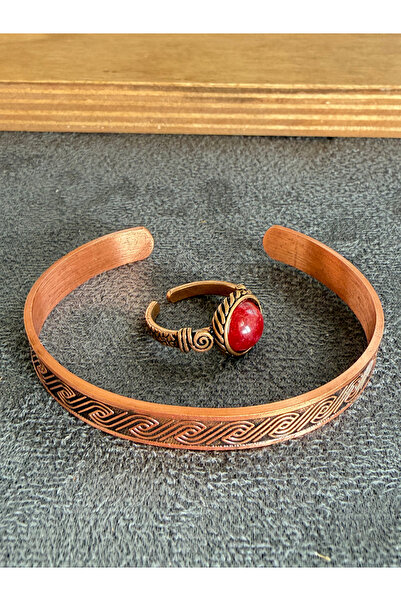 Rupen Kraft Handcrafted copper bracelet and natural stone ring set, adjustabl...
