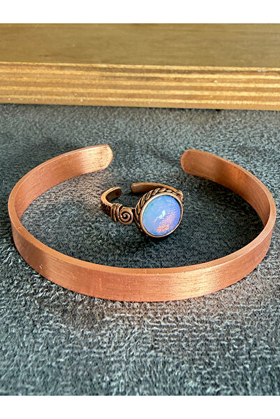 Rupen Kraft Handcrafted copper bracelet and natural stone ring set, adjustabl...