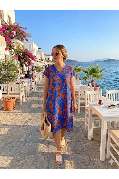 AYASOFYA OTANTIK Women's Ethnic Patterned Short Sleeve Midi Dress