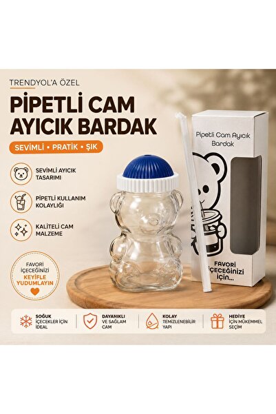 Markasız ucuz Ayıcık Pipetli Cam Bardak Kapaklı ve Pipetli Sevimli Tasarım