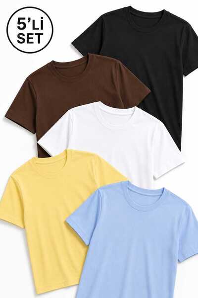 Tenra Women's 5-Piece Premium Basic T-Shirt Set Crew Neck Short Sleeve Stretc...