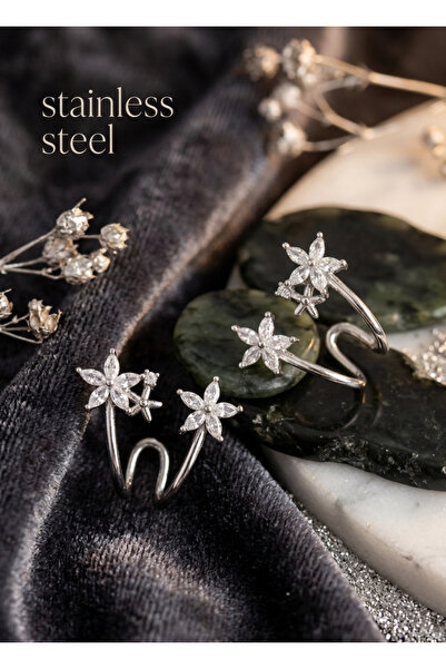 stainless steell Brass Silver Color Zircon Stone Flower Model Earrings