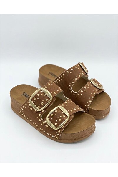TRENDX Women's Sparkling Baguette Stone Double Buckle Cork Sole Slippers
