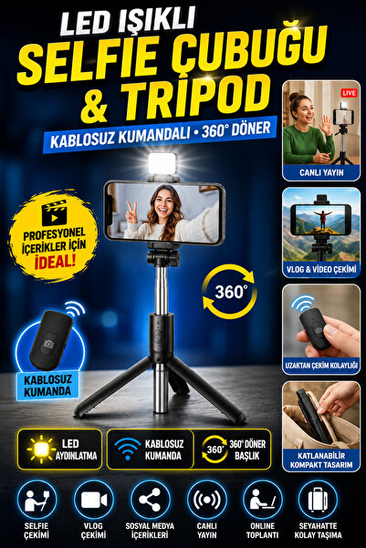 Hane Dostu LED Işıklı Selfie Çubuğu ve Tripod Kablosuz Kumandalı 360° Döner T...
