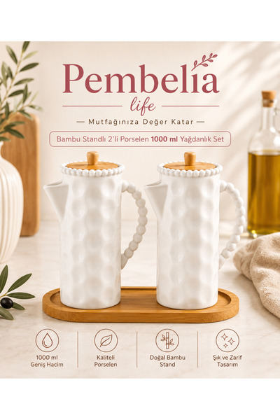 Pembelia Life Bambu Standlı 2’li Porselen 1000 ml Yağdanlık Seti 3 Parça Yağl...