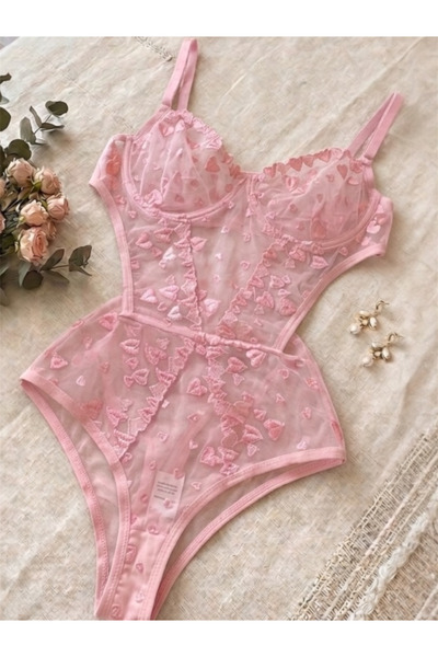 FeraShowroom Kalp Desenli Transparan Bodysuit