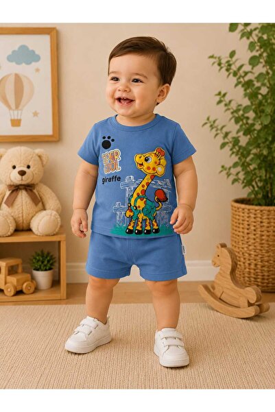 krm kerem bebe Super Cool Giraffe 3D Embroidered Baby Boy Top and Bottom Summ...