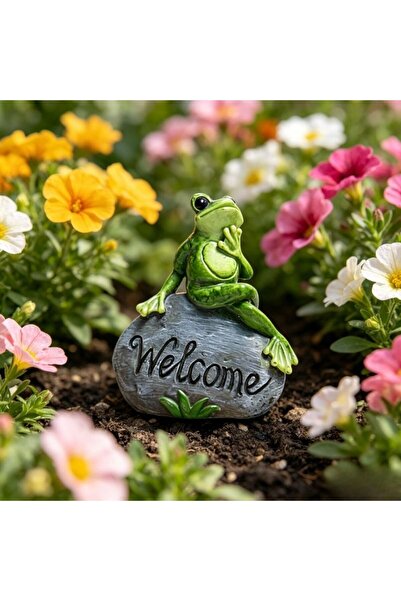 KMT Decor Grădină din Rășină Broașcă pe Piatră cu Inscripția Welcome, Ornamen...