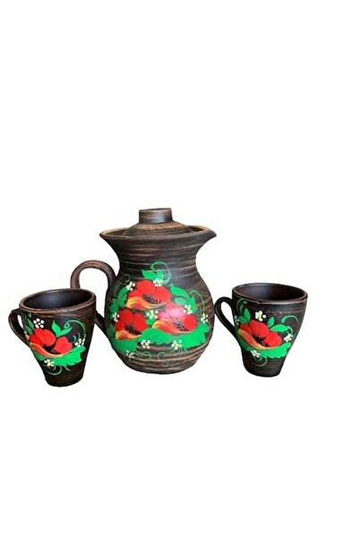 OEM Set Carafă cu capac din lut roșu 1.7 L + 2 Căni 220 ml, Model floral