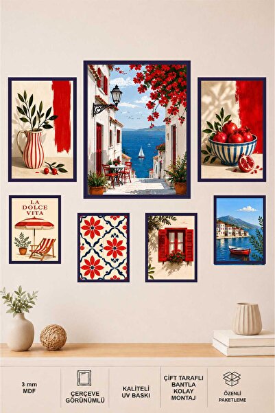 UNT Mediterranean Breeze Frame-Look 7 Piece Mdf Painting Set – Red & Navy Blu...