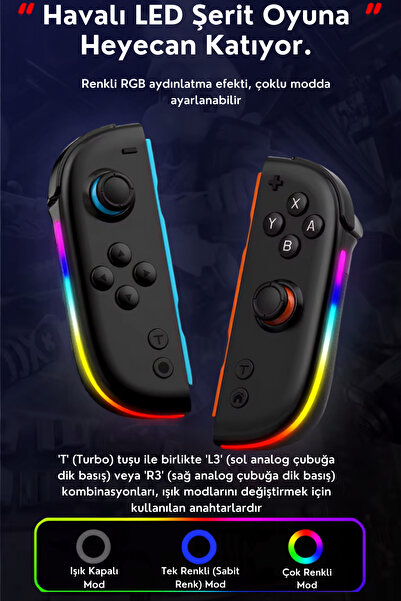 beboncool JOY Switch/Switch OLED/Switch Lite/Switch 2 Uyumlu RGB JoyCon Gamepad