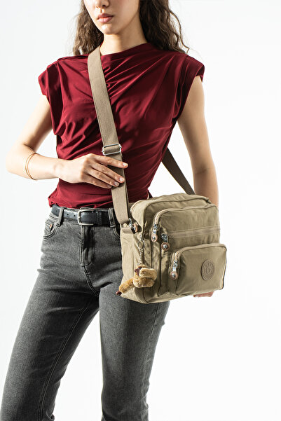 DUOMİNO Klinkır Multi-Pocket Water-Resistant Beige Crinkle Shoulder Bag / Sho...