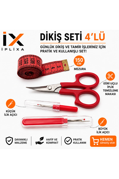 İPLİXA 4’lü Dikiş ve Tamir Seti – Mezura, Eğri Nakış Makası ve Büyük/küçük Il...