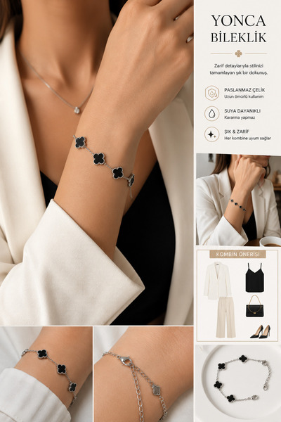 kasımoğulları concept Silver Clover Detailed Stainless Steel Women's Bracelet