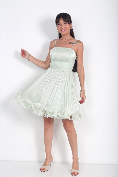 By Saygı Women's Rope Strap Lined Skirt with Ruffled Hem and Draped Chiffon S...