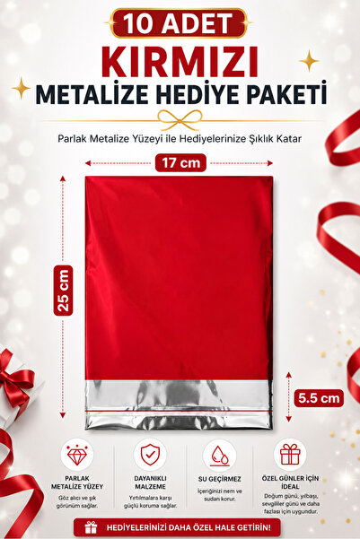 BİRBEYSTORE 10 Adet Kırmızı Metalize Hediye Paketi 17x25 cm Parlak Hediye Amb...