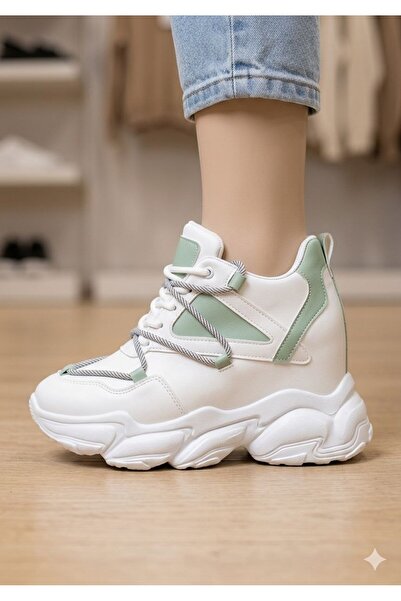 ELVI White and Aqua Green Wedge-Heeled Sneakers