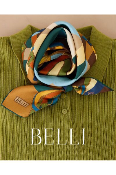 Belli Twill Silk Scarf Blue. Green, Mustard