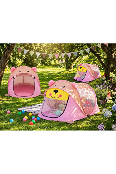 MJ TOYS Ayıcık Çocuk Oyun Çadırı - Muhteşem Seri - Otomatik Kolay Kurulum Pembe Oyun Evi Plaj Çadırı