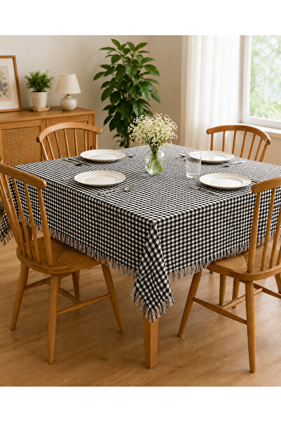 Newsevinç Ev Tekstili Square Pattern Textured Tablecloth with Tassel Detail |...