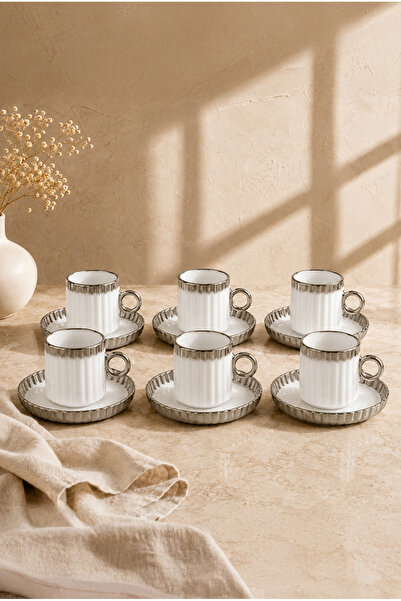 Vadi 6-Person Porcelain Turkish Coffee Cup Set with Silver Detailing