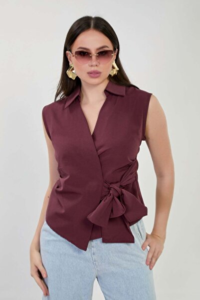 BARRELS AND OIL Women's crossover neck sleeveless shirt with side ties - plum