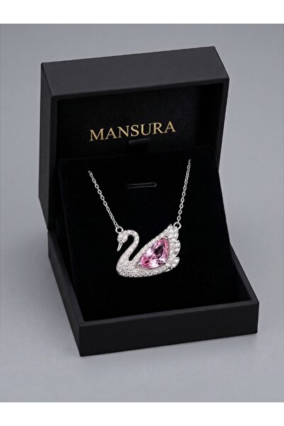 Mansura Pink Zircon Stone Swan Pendant Silver Color Chain