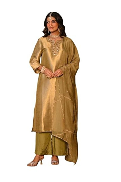 MYSMAR Mustard Yellow Soft Kanjivaram Glass Tissue Kurti Set-Mustard Yellow-H...