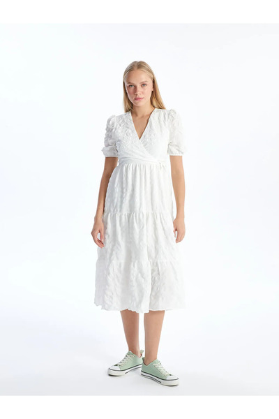 LC Waikiki White Double-Breasted Collared Textured Dress