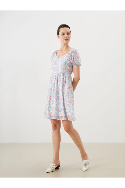 LC Waikiki Blue Sweetheart Neckline Floral Balloon Sleeve Dress