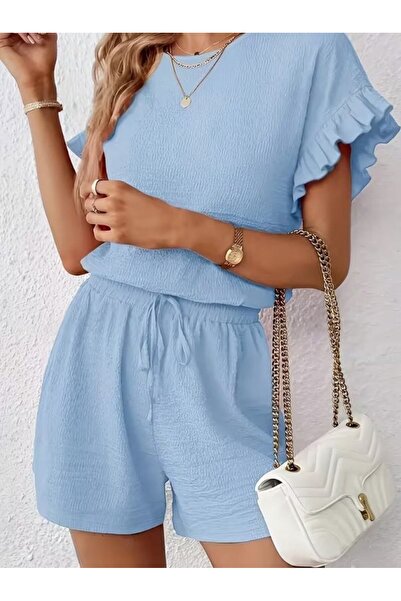 Wear Up بلوزة نسائية قصيرة الأكمام بياقة دائرية وشورت قصير، طقم مكون من قطعتين
