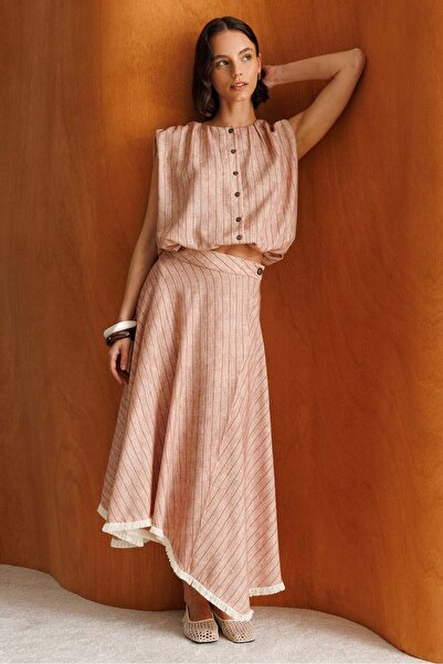 Mixray 4912 Women's Linen Textured Tassel Asymmetrical Bohemian Skirt Suit Tile