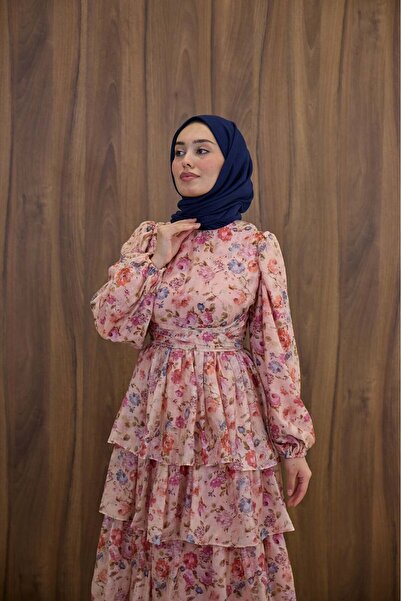 Faya Boutique Pembe Bahar Çiçekli Kat Kat Şifon Elbise