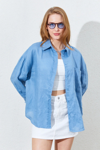 EDITION WOMAN 100% Pure Linen Washed Luxury Single Pocket Oversize Women's Sh...