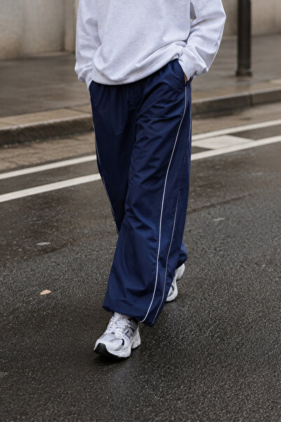 GRİİ WEAR Unisex Navy Blue Parachute Pants with Stripe Detail