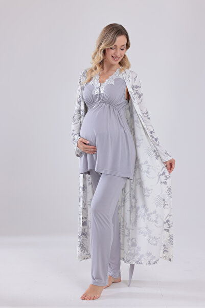 BLACKMORE Women's Gray Lace Strap Patterned Cotton Maternity Pajama Set of 3