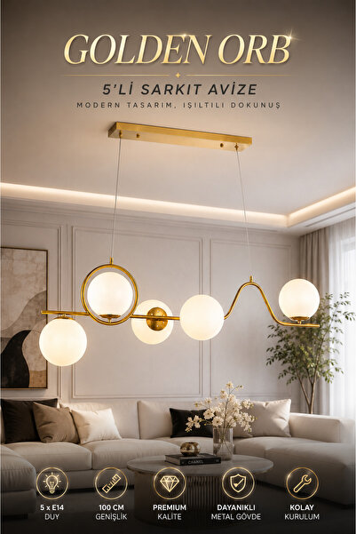 Elvora Home Modern (PREMİUM) Gold 5'li Opal Küre Sarkıt Avize Dekoratif Lüks ...