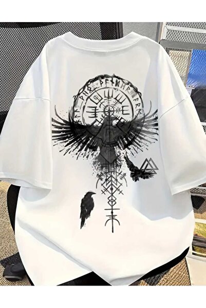 Panda Baskı Tekstil Viking Compass Raven Printed Special Design Oversize Tshirt