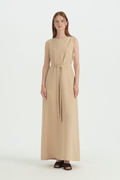 Nihan Belted Sleeveless Linen Dress - Beige