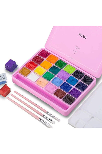 HIMI Jelly Cup Gouache Set Guaj Boya Seti 24 Renk x 30 gr. + 3 Fırça (Pink Case)