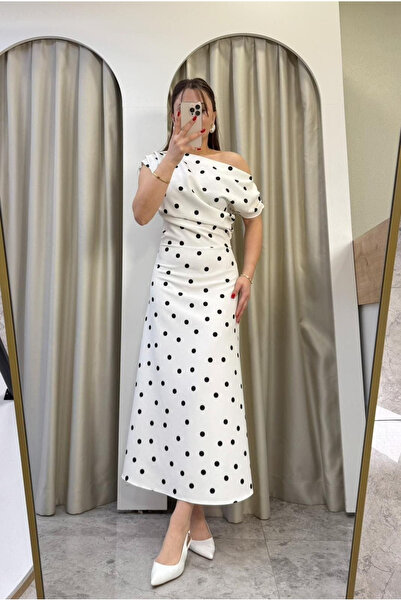 My Blog Ecru Polka Dot One-Shoulder Long Dress - 8708